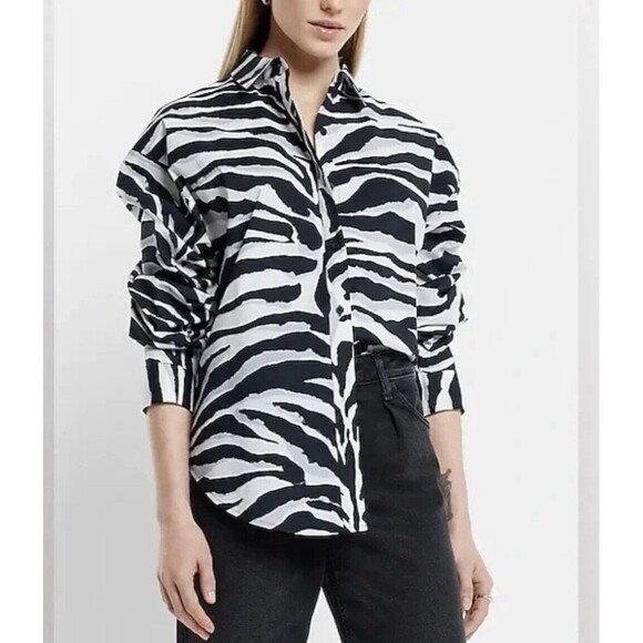 Express Women Size S Zebra Print Boyfriend Poplin Portofino Shirt Career - Picture 9 of 13